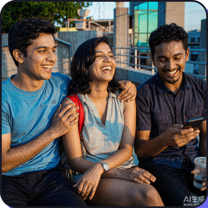 Friends on a rooftop looking at a phone together